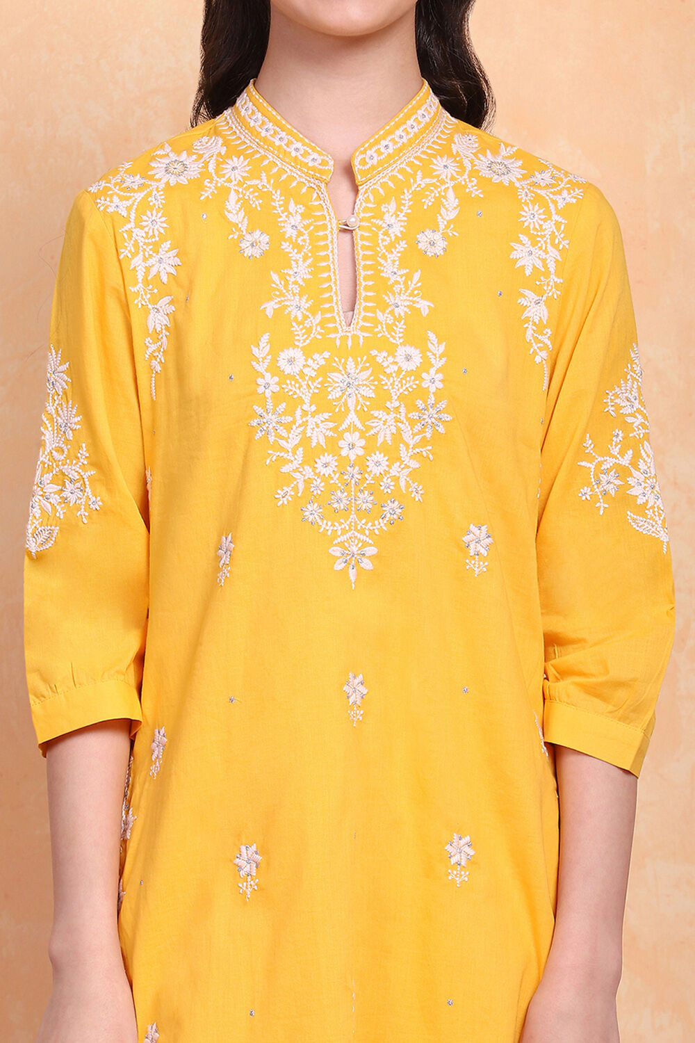Yellow Cotton Embroidered Straight Kurta Set image number 1