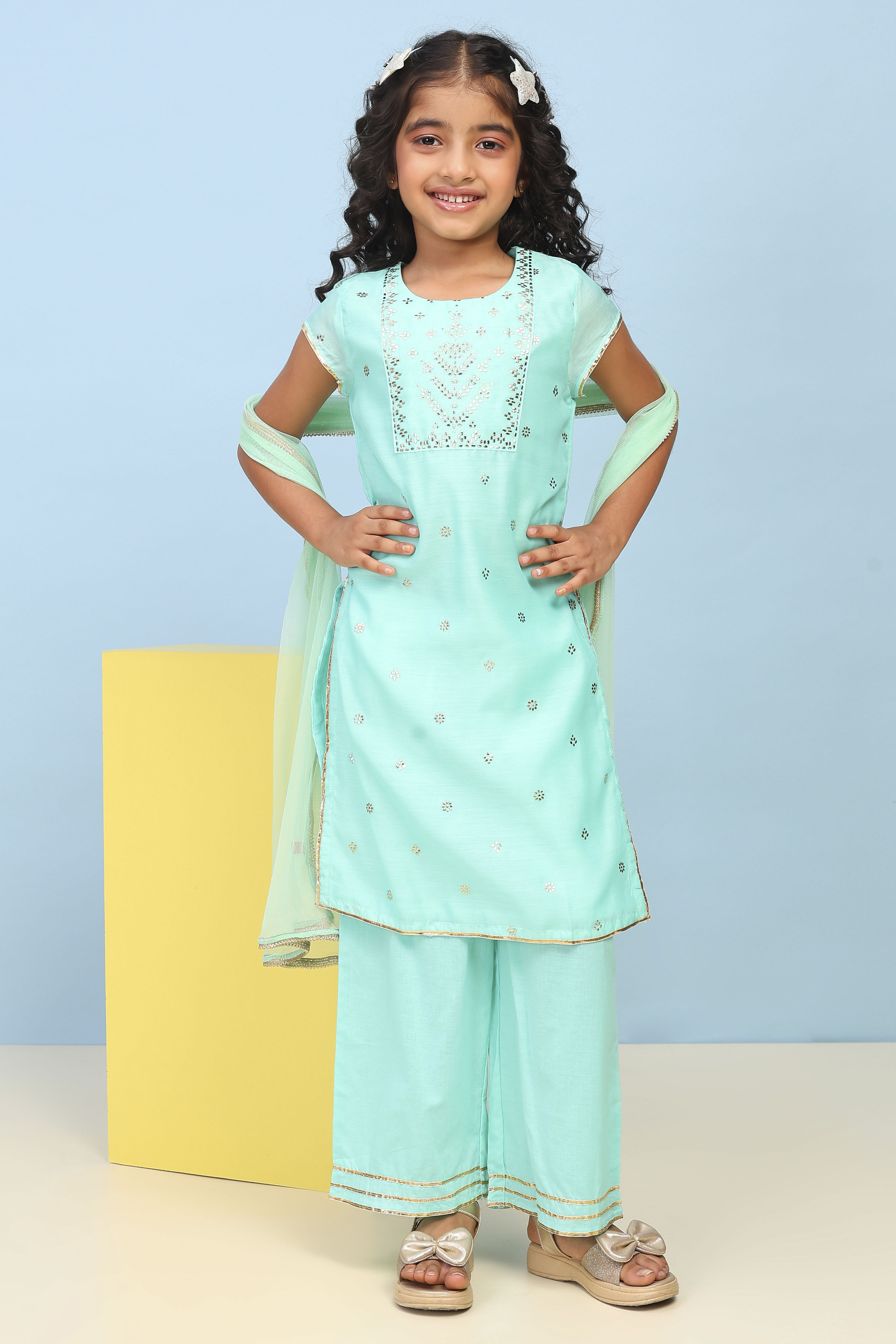 Aqua Polyester Straight Printed Suit Set image number 6