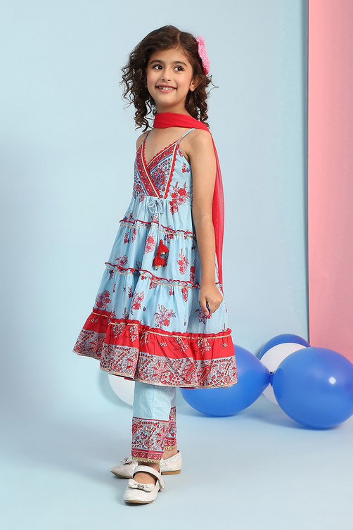 Sky Blue Cotton Printed Tiered Suit Set image number 3