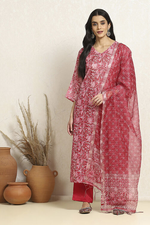 Pink Cotton Kota Floral Printed Unstitched Suit Set image number 1