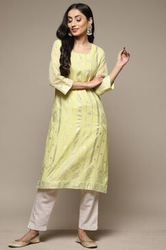 Lime Green Cotton Blend Straight Printed Kurta image number 5