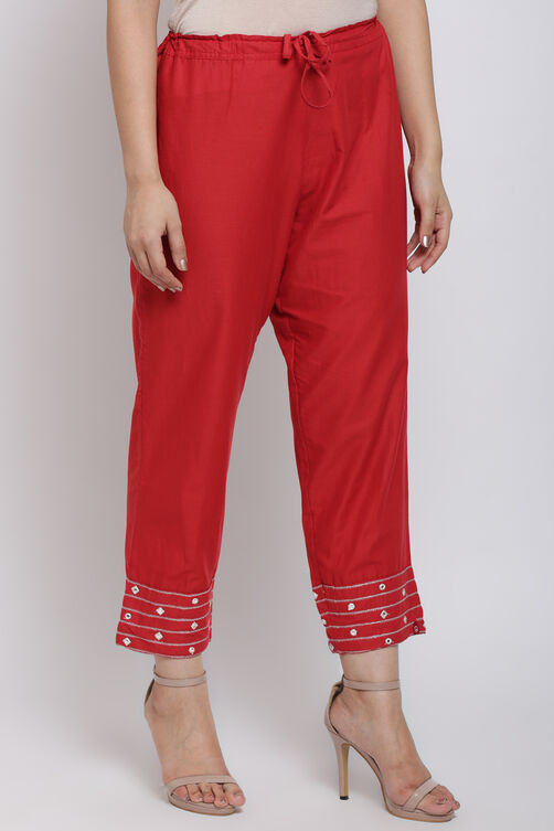 Red Cotton Straight Pants image number 4