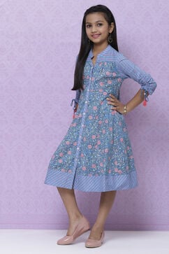 Blue Cotton Kalidar Printed Dress image number 3