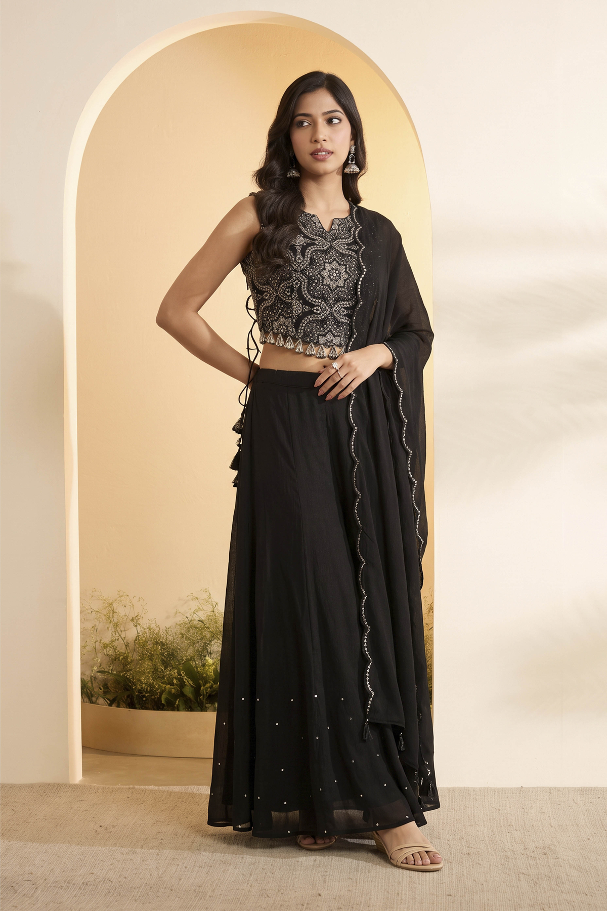 Black Poly Georgette Embellished Sharara Set