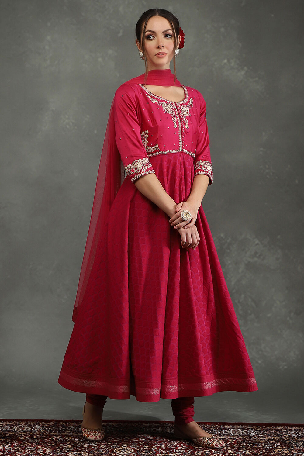 Rohit Bal Pink Silk Chanderi Floral Anarkali Suit Set image number 5