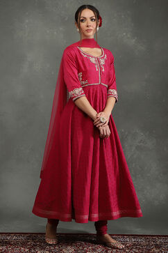 Rohit Bal Pink Silk Chanderi Floral Anarkali Suit Set image number 5