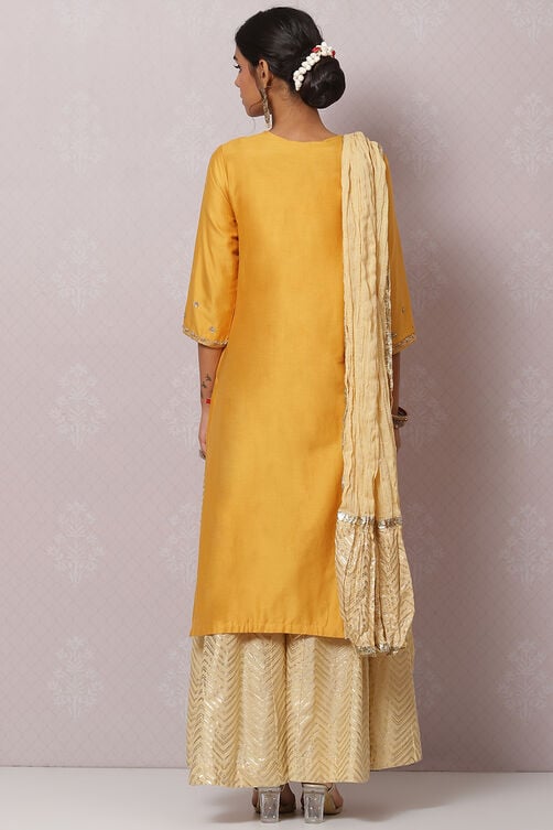 Mustard Cotton Silk Straight Kurta Sharara Suit Set image number 4