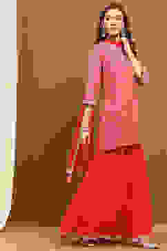 Coral Red Viscose Georgette Festive Straight Suit Set image number 5