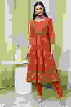 Orange Cotton Printed Anarkali Suit Set image number 6