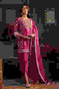 Pink Chanderi Jacquard Dori Embroidery Straight Suit Set image number 6