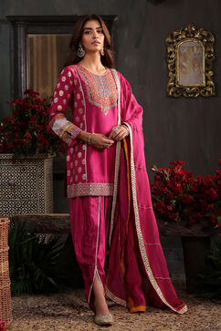 Pink Chanderi Jacquard Dori Embroidery Straight Suit Set image number 6