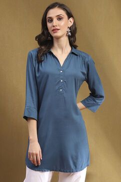 Blue Solid Shirt Collar Straight Short Kurti image number 5