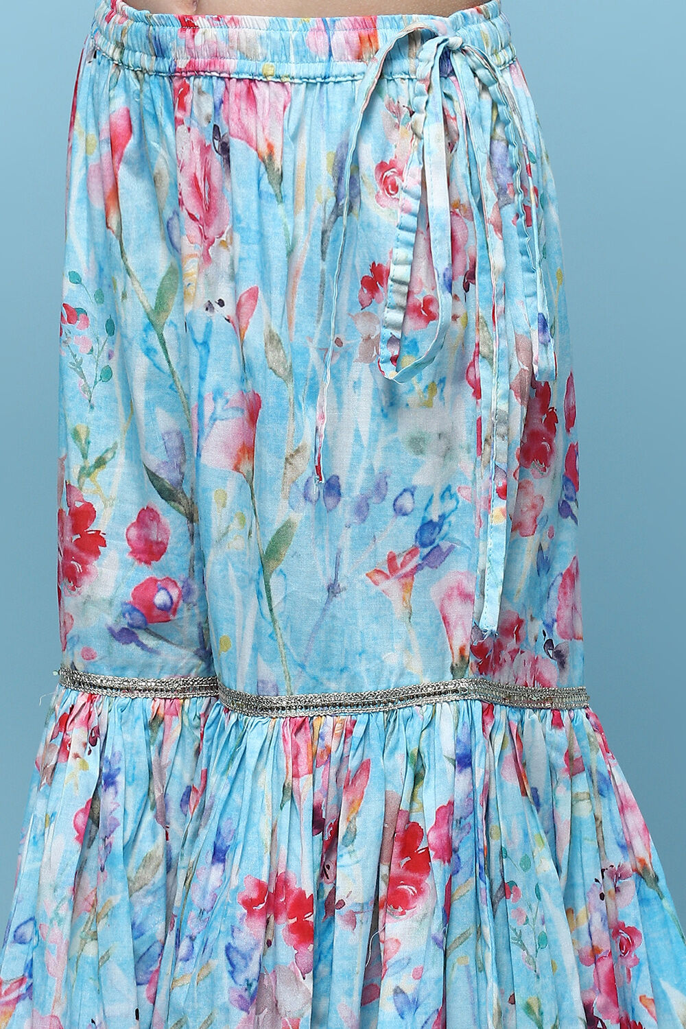 Blue Cotton Printed Blouse And Sharara t With Net Dupatta image number 2