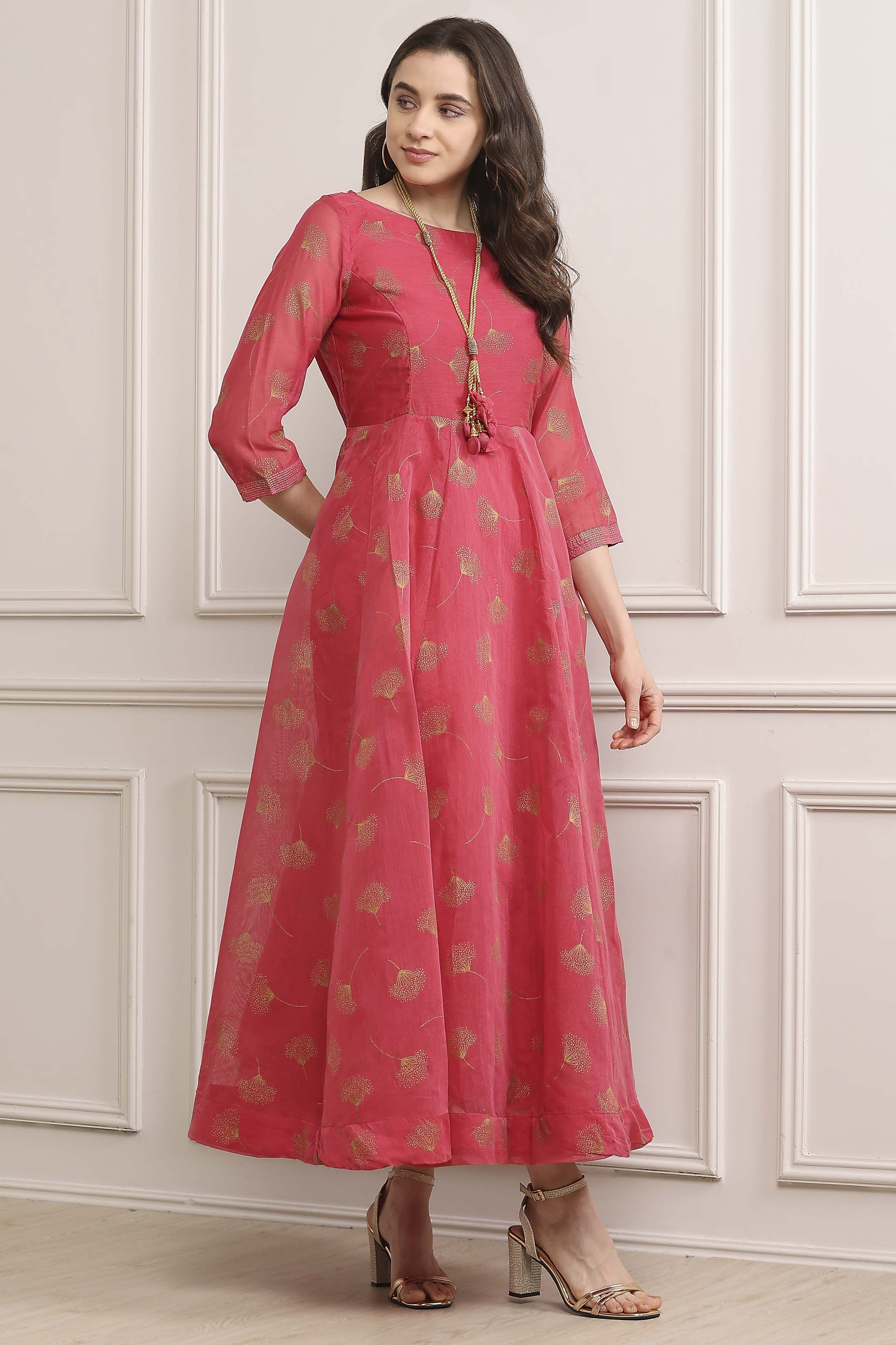 Pink Cotton Blend Flared Printed Dress image number 0