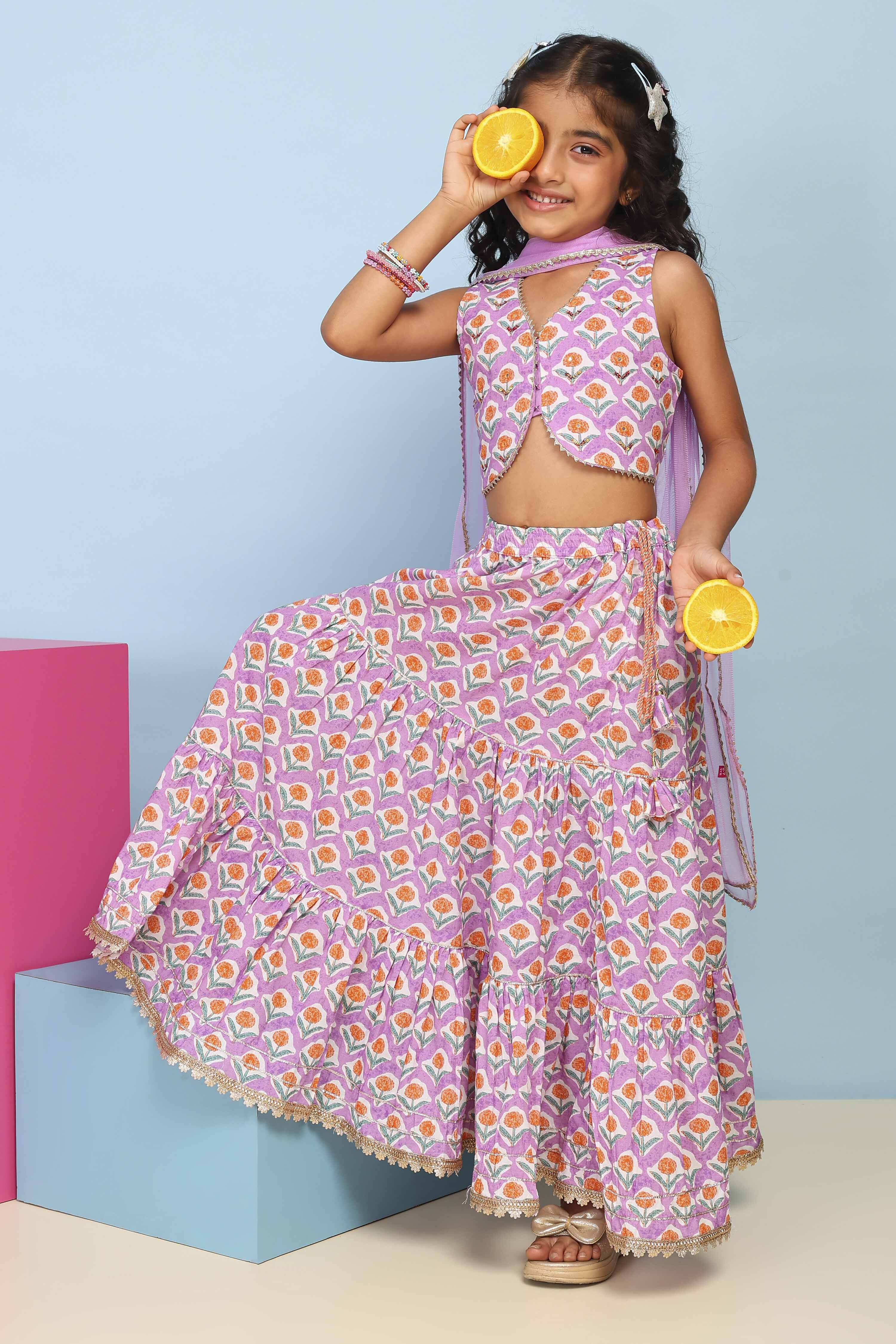 Lilac Cotton Printed Straight Lehenga Set image number 0