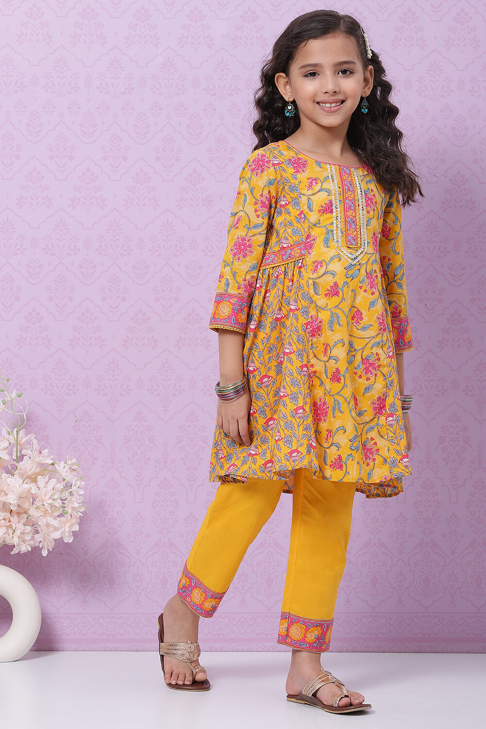 Yellow Cotton Flared Printed Kurta Set image number 2