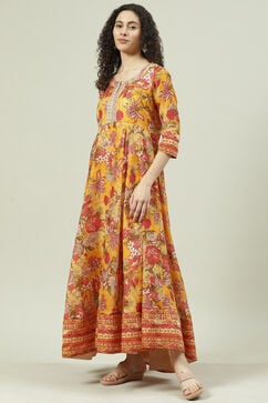 Mustard Poly Cotton Flared Fusion Printed Dress image number 2