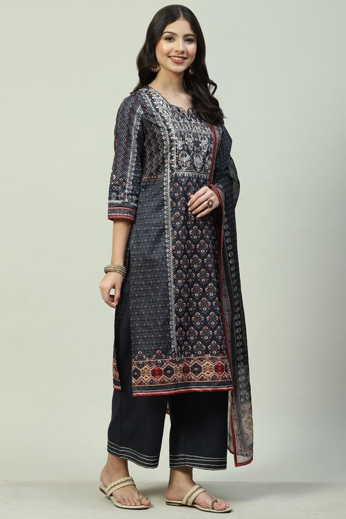 Charcoal Cotton Straight Kurta Slim Pants Suit Set image number 6