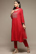 Red Rayon Gathered Kurta Pants Suit Set image number 6