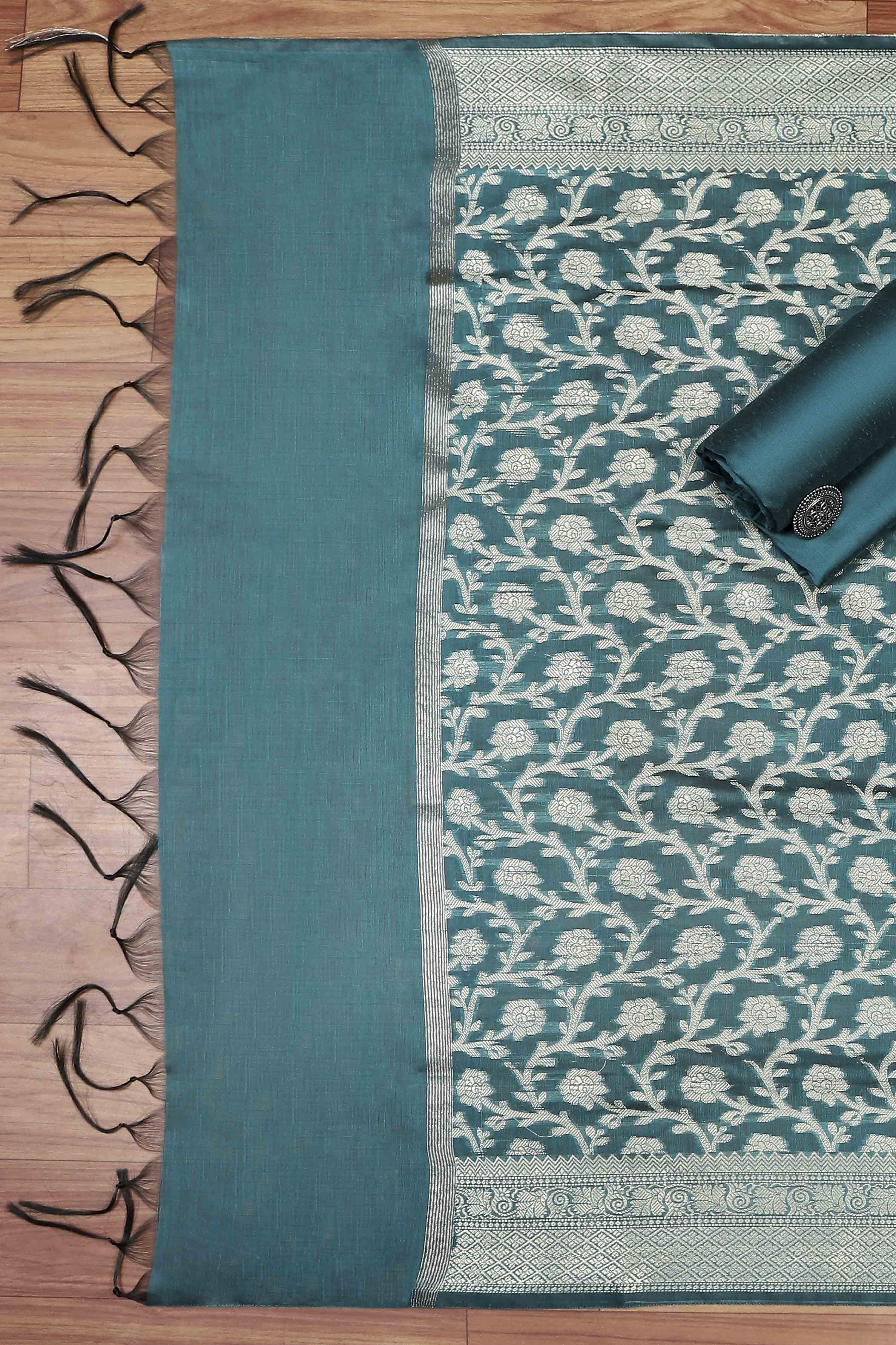 Teal Cotton Printed Embroidered Unstitched Suit Set image number 3