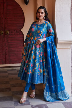 Teal Cotton Anarkali Suit Set image number 0