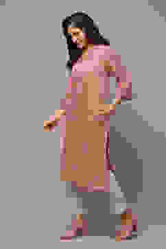 Peach Acrylic Straight Yarndyed Kurta image number 3