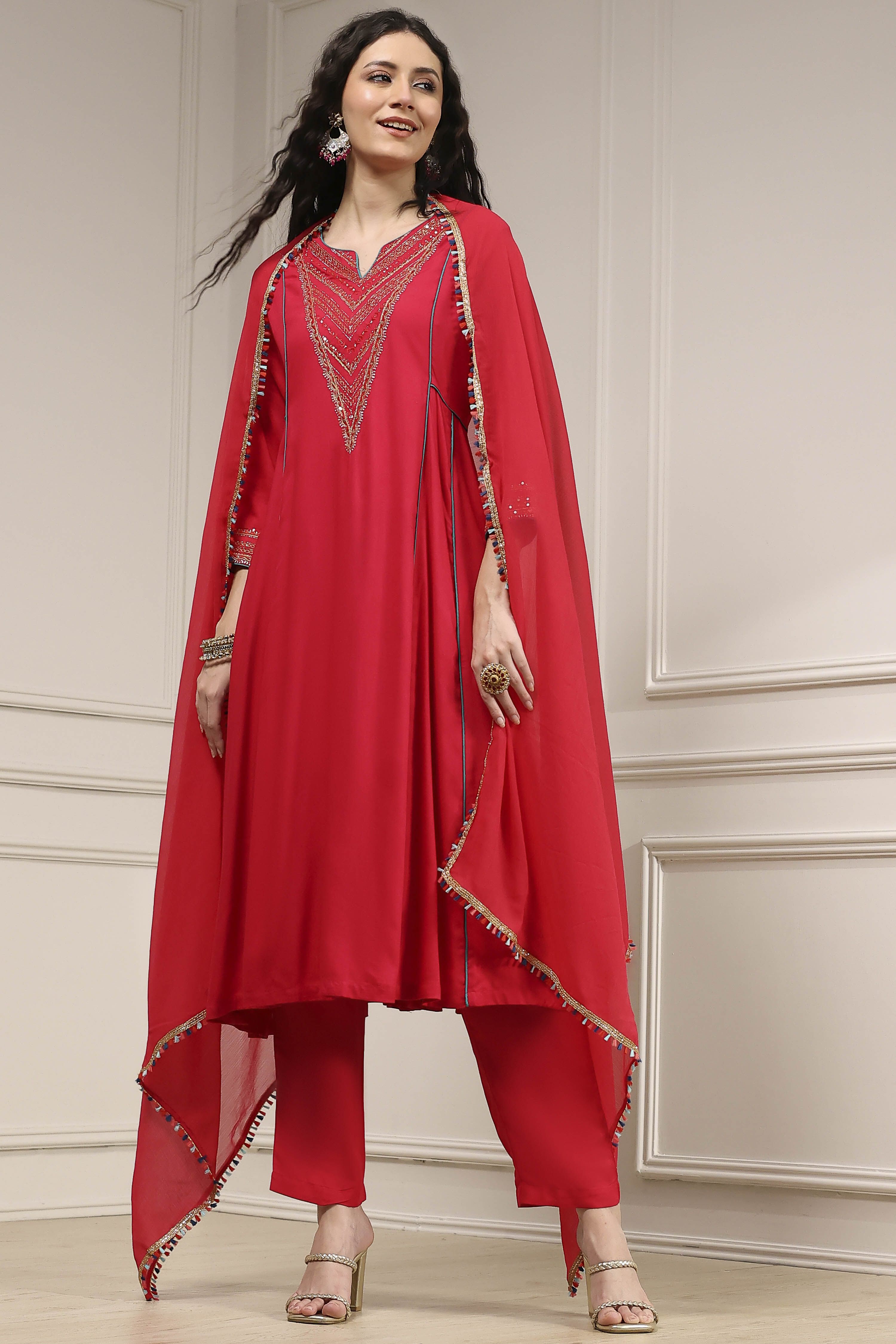 Teal Green Solid Kalidar Suit Set image number 0