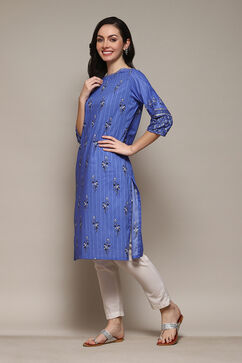Indigo Cotton Straight Printed Kurta image number 2