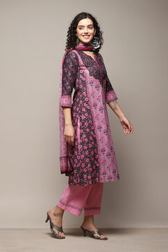 Black Cotton Blend Straight Printed Kurta Narrow Palazzo Suit Set image number 6