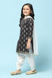 Black Cotton Straight Printed Kurta Patiala Salwar Suit Set image number 4
