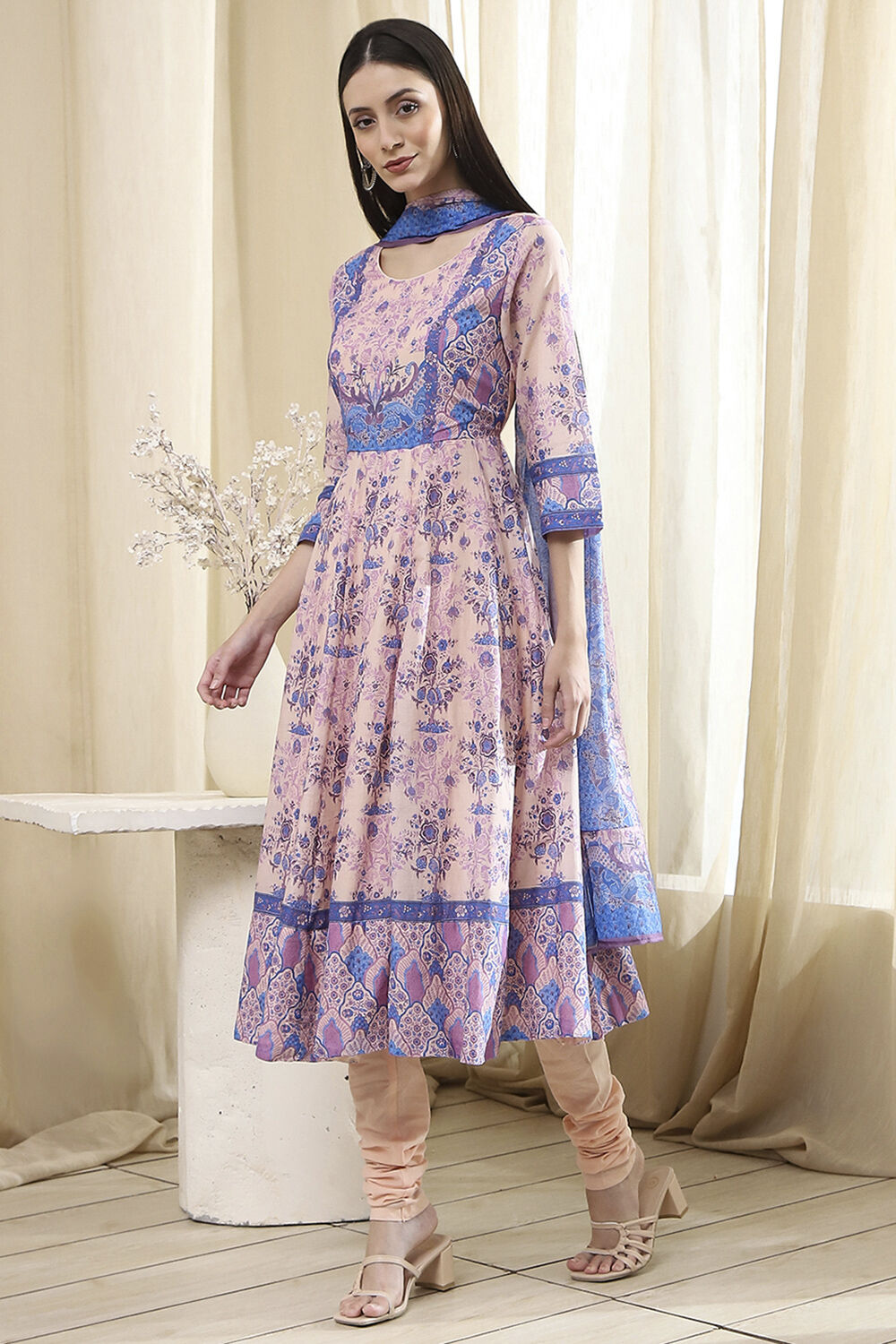 Blue Cotton Printed Anarkali Suit Set image number 3