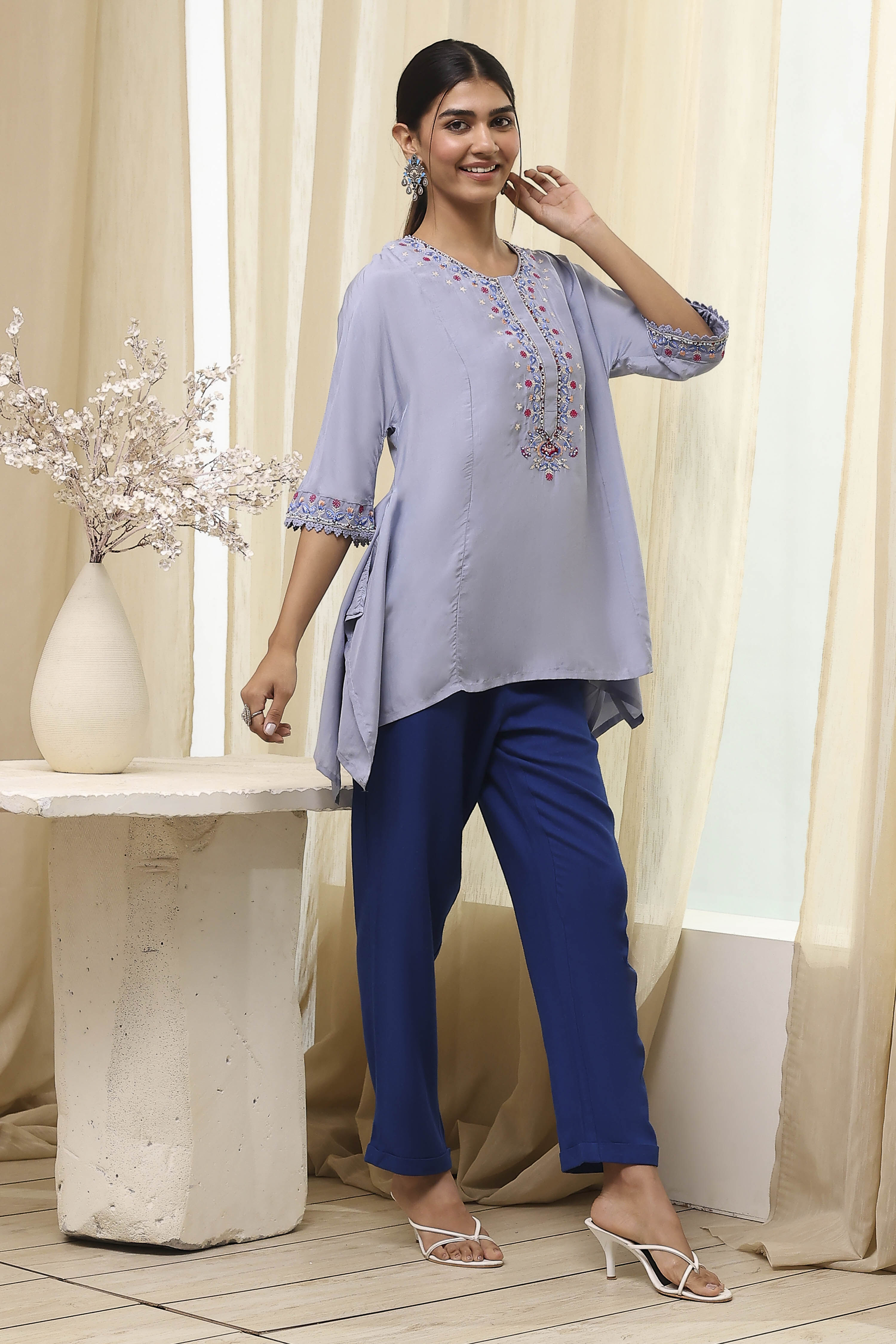 Dull Blue Modal Blend Asymmetric Short Kurta image number 5