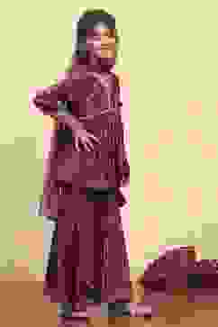 Purple Viscose Rayon Printed Peplum Suit Set image number 5