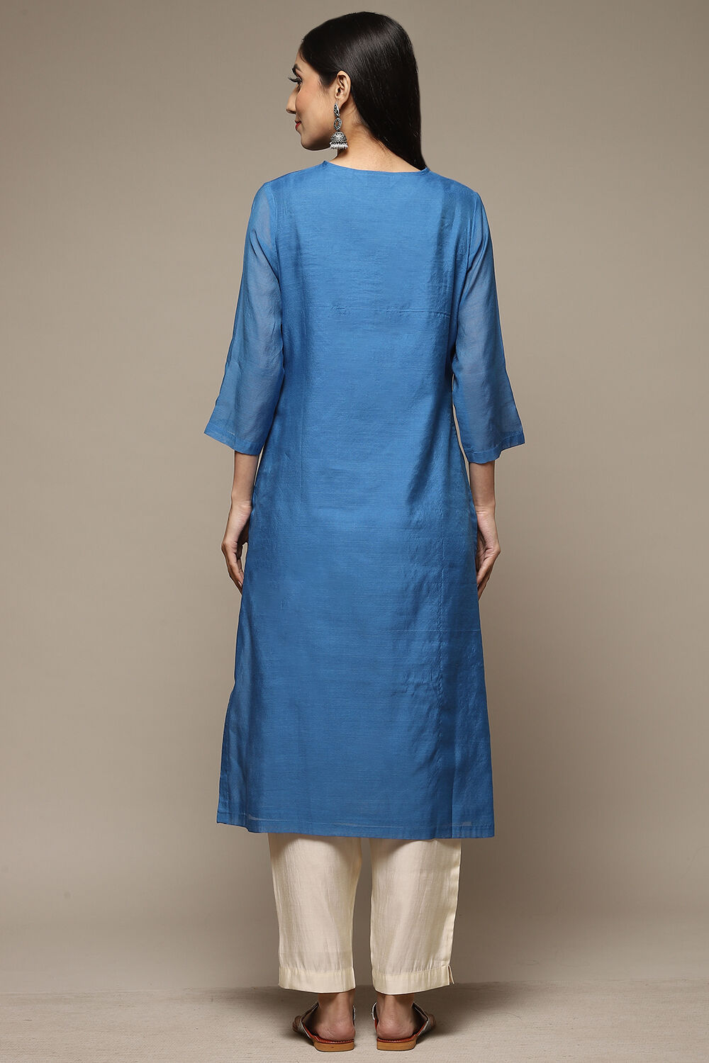 Blue Cotton Blend Straight Yarndyed Kurta image number 2