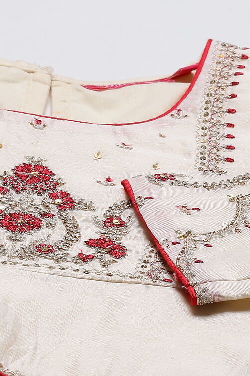 Off White And Berry Straight Poly Cotton Girls Lehenga Set image number 1