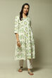 Off-White & Green Cotton IKAT Flared Yarndyed Kurta image number 5