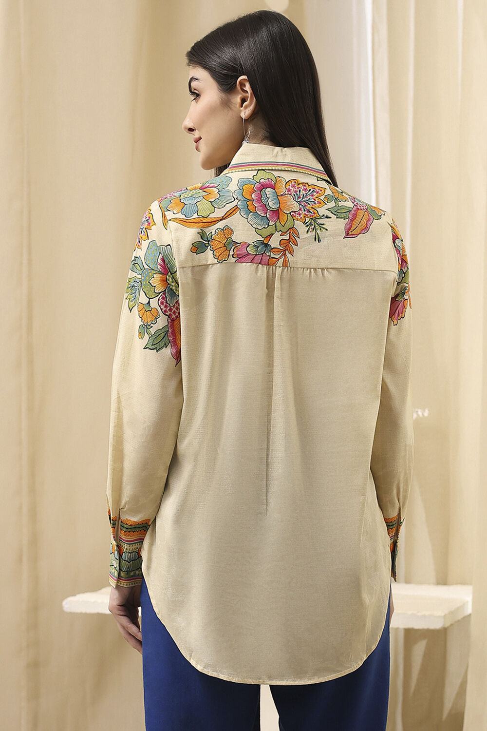 Beige Cotton Floral Printed Shirt image number 3