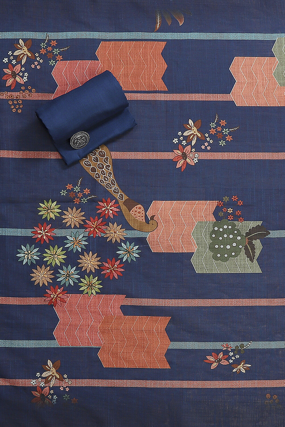 Navy Blue Chanderi Printed Unstitched Suit Set image number 3