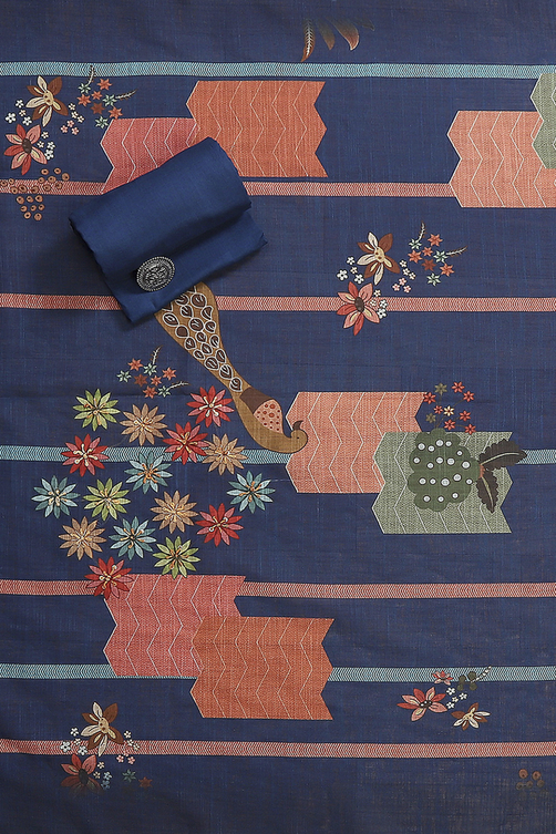 Navy Blue Chanderi Printed Unstitched Suit Set image number 3