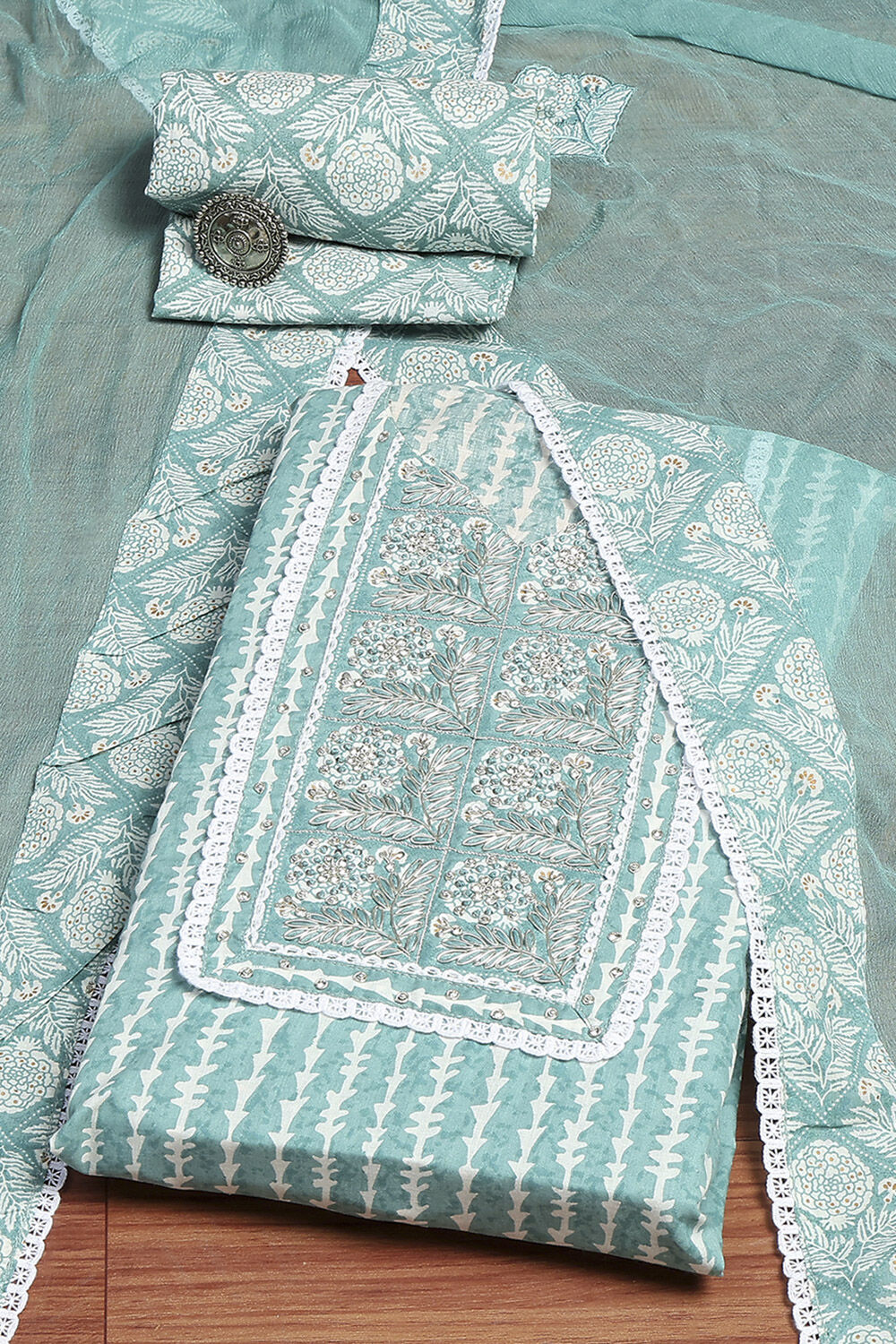 Grey Cotton Printed Unstitched Suit Set image number 0