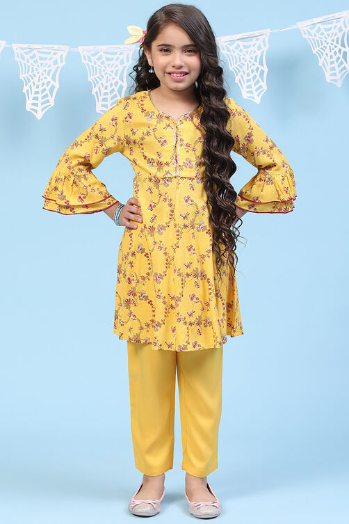 Yellow Rayon Kalidar Printed Kurta Set image number 0