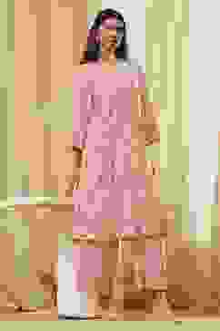 Off-White and Pink Cotton Straight Kurta Set image number 0