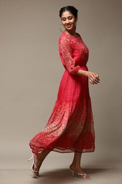 Red Cotton Blend Tiered Printed Dress image number 4