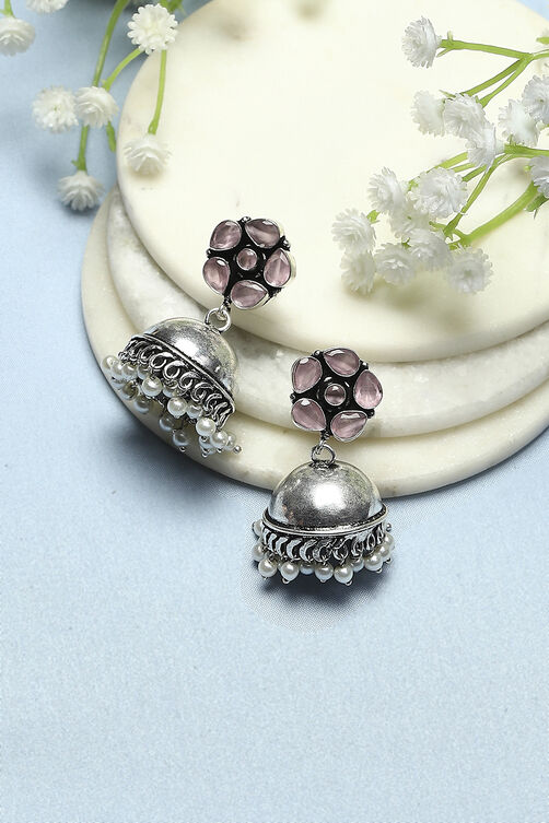 Light Pink Silver-Plated Stone Studded Floral Jhumkas image number 0