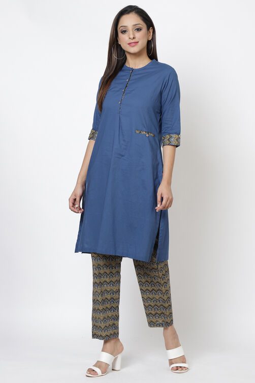 Navy Cotton A-Line Kurta Pant Suit Set image number 0