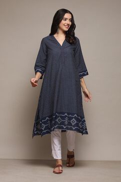 Navy Cotton Straight Yarndyed Kurta image number 0