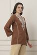 Brown Cotton Floral Yoke Embroidered Straight Kurti image number 4