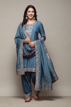 Blue Viscose Straight Yarndyed Kurta Salwar Suit Set image number 0