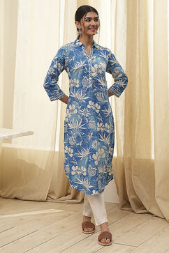 Blue Pure Cotton Floral Straight Kurta image number 5