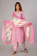Pink Cotton Screen Print Unstitched Suit Set image number 6